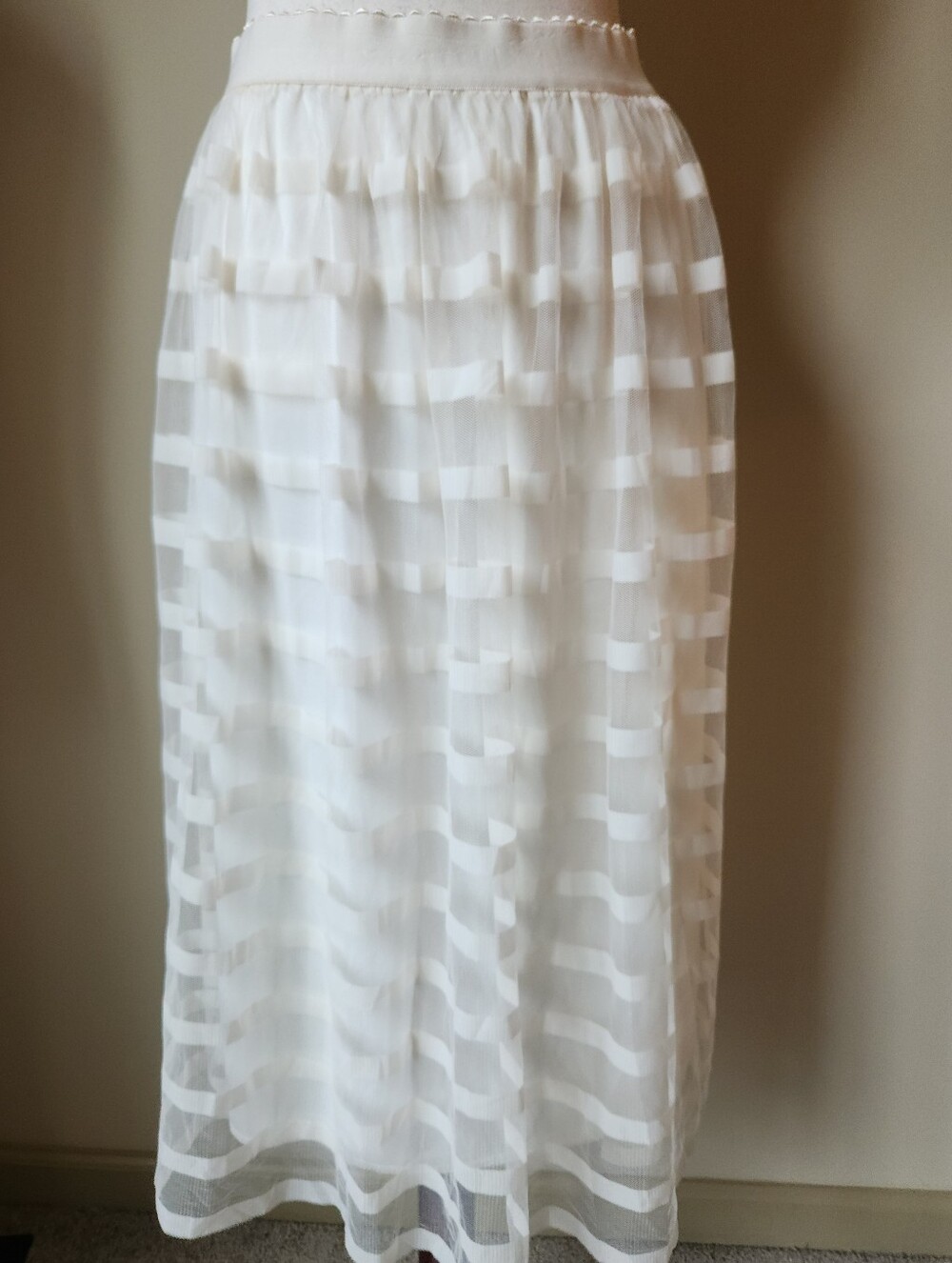 Metrowear XL White Sheer Mesh Striped Midi Skirt Fully Lined A Line Romantic